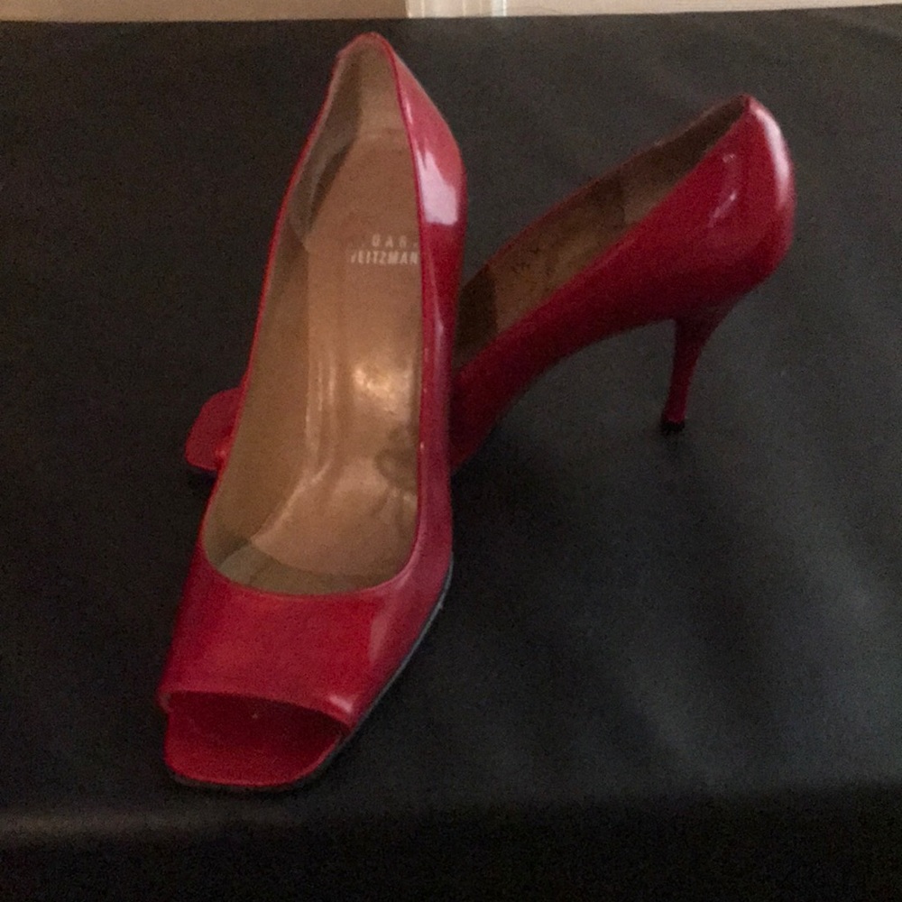 Stuart Weitzman red patent leather open toe heels